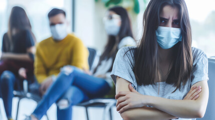 Sick young woman sitting on chair, looking worried in waiting area with masked individuals. atmosphere conveys concern and anxiety about health
