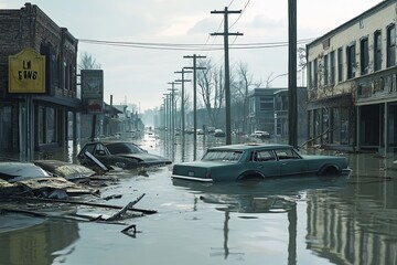 Flooded urban street with submerged cars and damaged buildings during overcast weather. Generative AI
