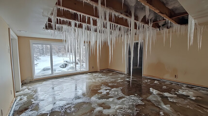 Icicles hanging from roof edge, water pooling on floor, and ceiling damage visible after winter storm caused ice dam to form