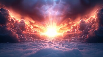 Obraz premium Sunlit divine rays cascading from a glowing sky, vibrant yet serene, high-quality 3D rendering, ethereal aesthetics, isolated on white background