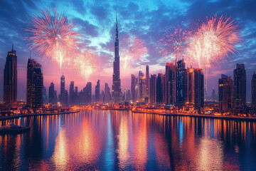 Fototapeta premium Dubai skyline illuminated by New Year's Eve fireworks over water, vibrant cityscape celebration atmosphere