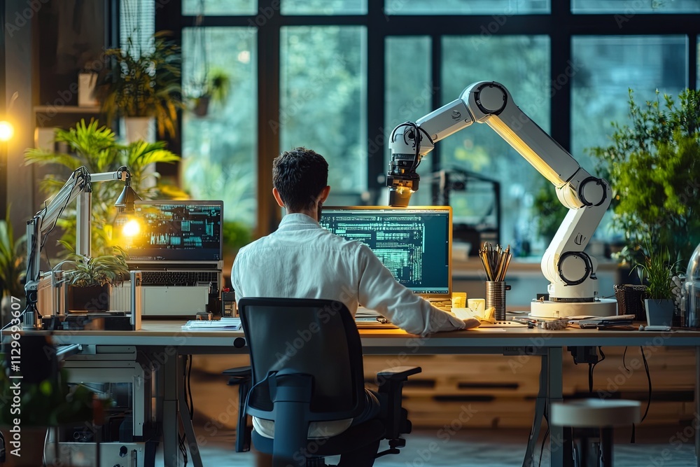 Poster engineer working at a modern desk with robotic arm and computer displays in a bright indoor space. g