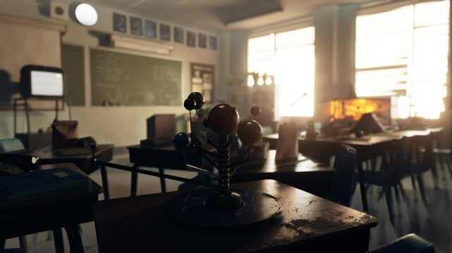 A classroom with desks, chairs, and a chalkboard, ready for a day of learning