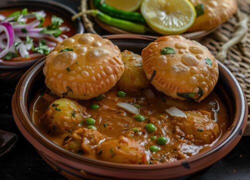 Classic Bengali dish Pea kachori with spicy aloo curry salad