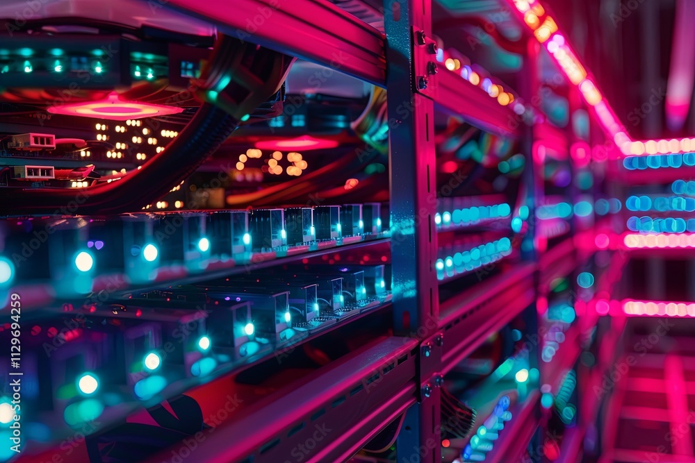 Poster colorful lights illuminate a high-tech data center with rows of servers during an evening setup. gen