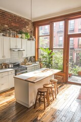 Bright Kitchen Island In Exposed Brick Loft Apartment