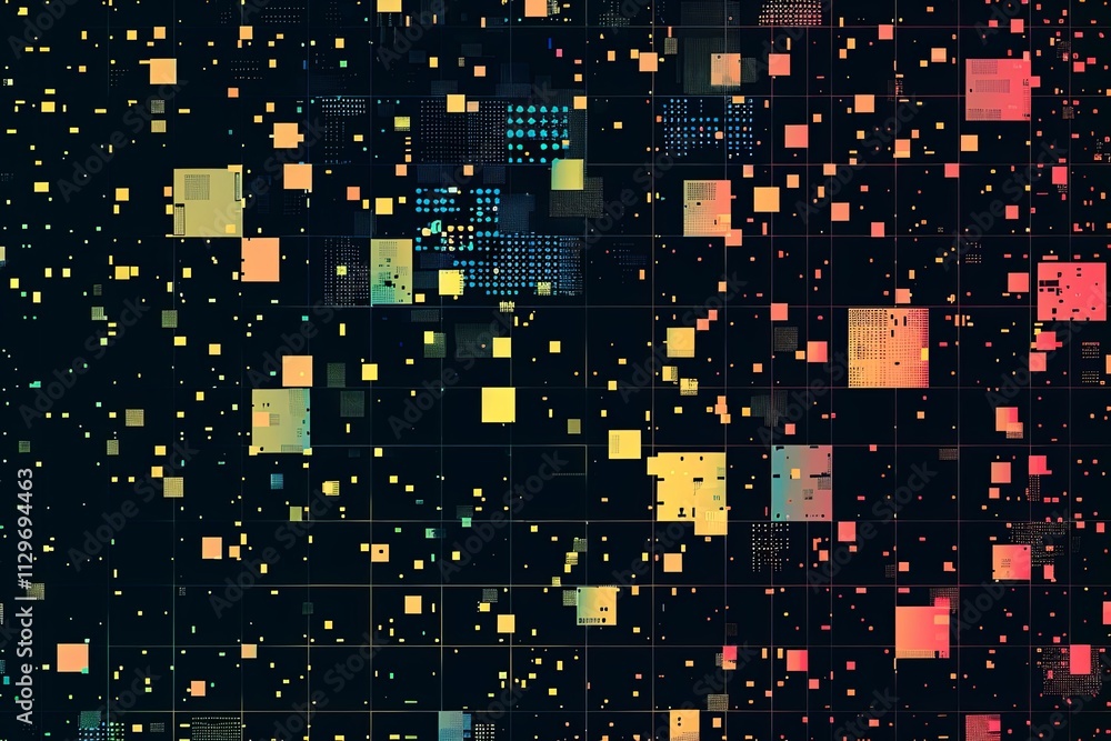 Poster colorful abstract patterns create a vibrant digital landscape filled with squares and rectangles aga