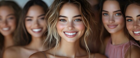 Fototapeta premium A diverse group of beautiful women with natural beauty and glowing smooth skin. Portrait of many attractive female fashion models with great skincare of all races, tones and style,