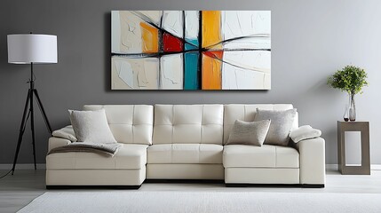 A modern living room featuring a white sectional sofa, decorative cushions, and abstract wall art in vibrant colors.