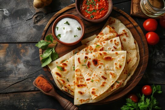 Classic Indian dish Aloo paratha with yogurt