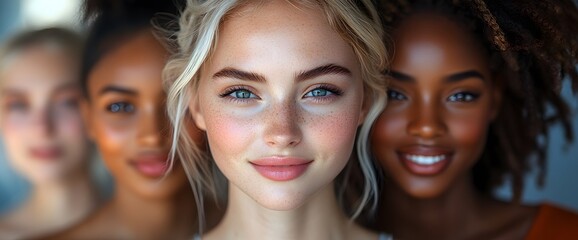Obraz premium A diverse group of beautiful women with natural beauty and glowing smooth skin. Portrait of many attractive female fashion models with great skincare of all races, tones and style,