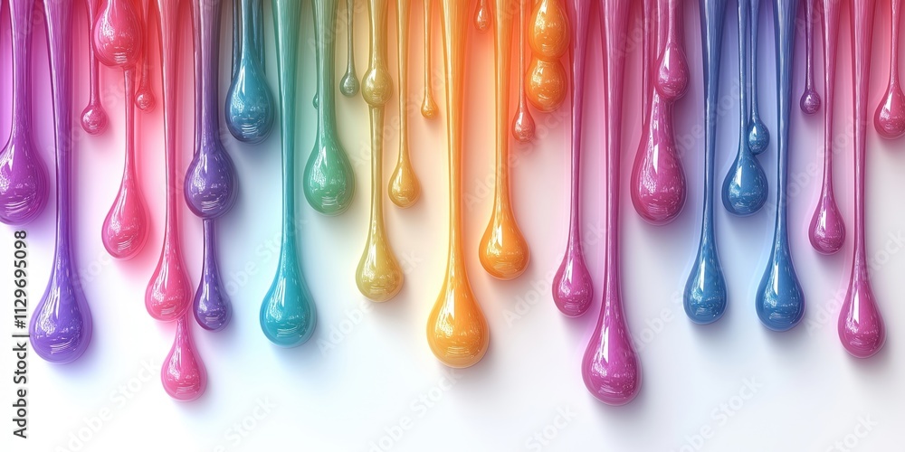 Poster abstract illustration shows rainbow gradient slime drops flowing down on white background. transpare
