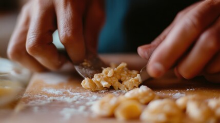 Close-up of a chef's hands skillfully preparing a gourmet dish with precision, vibrant bokeh in the background, showcasing culinary artistry and meticulous detail.