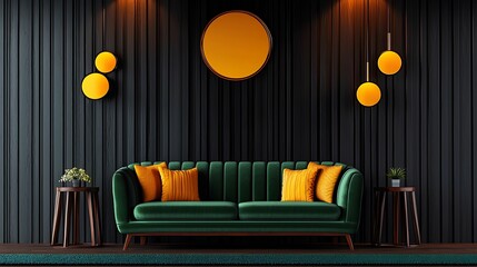 A modern living room featuring a green sofa adorned with bright orange pillows, accentuated by yellow wall decor against a dark wood panel backdrop.