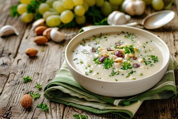 Classic Spanish ajoblanco in white bowl with almonds and grapes on green napkin wooden table horizontal