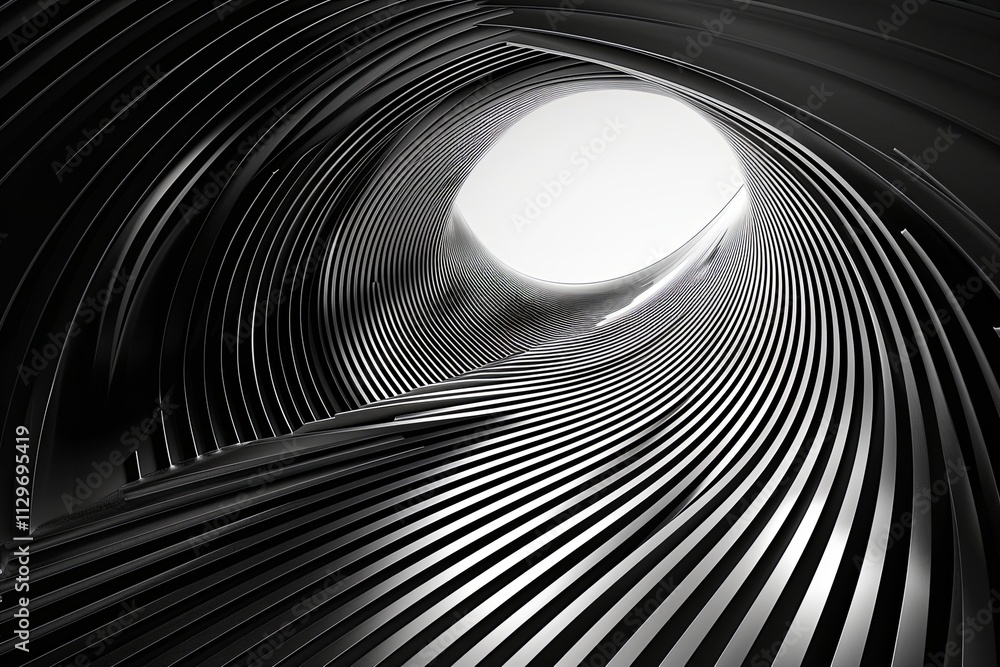 Poster swirling black and white patterns create a mesmerizing tunnel effect with bright light at the end. g
