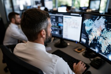 A man is deeply engaged in analyzing data visualization on multiple screens, showcasing the critical nature of detail-oriented work in the analytics field.
