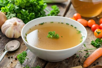 Clear broth with vegetables in white bowl on wooden table from above