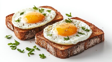 Rustic toast with perfectly fried eggs, scattered with green herbs, isolated on white, healthy and delicious meal concept