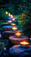  Tranquil garden pathway illuminated by glowing candles at dusk for meditation and relaxation ambiance