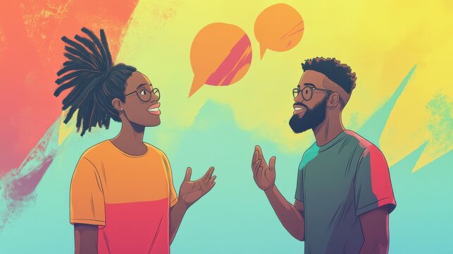 A digital illustration of two animated characters in a friendly conversation, one speaking energetically with open gestures and the other responding thoughtfully, surrounded by speech bubbles filled w - Powered by Adobe