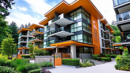 Obraz premium Sharp focus on urban apartments, modern Canadian architecture, sunlit exteriors, stylish residential sophistication