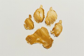 Close up golden dog paw print on white paper dog stepped on gold paint stamp concept