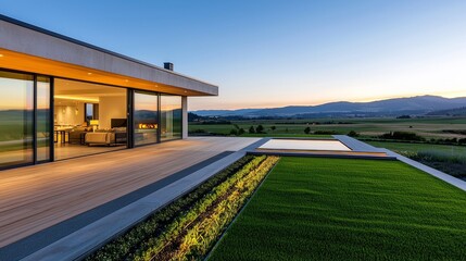 Obraz premium Smart home close-up, luxury residential design, sleek modern finishes, green roof, sustainable materials, and high-tech integration