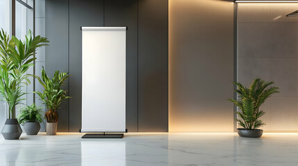 Modern pull-up banner mockup stands isolated in an elegant lobby with a blank roll-up poster, surrounded by sleek interior design