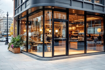 Corner Cafe with Glass Exterior and Cozy Interior Design on a Bustling Urban Street