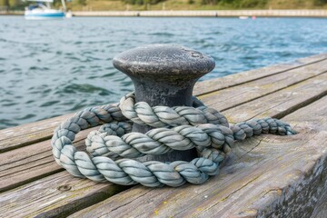 Fototapeta premium Close up of a nautical mooring rope tied to a wooden pier