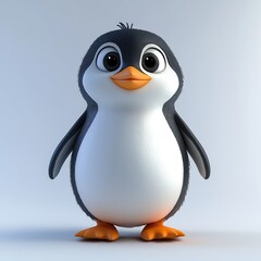 Fototapeta premium Cartoon penguin stands on plain background. Cute bird with big eyes, happy face. 3D animation style. Funny character for kids, educational content. Suitable for winter theme animal illustration.