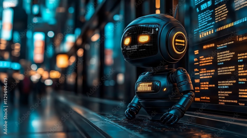 Poster ai customer service bot interacting with users in a futuristic urban setting