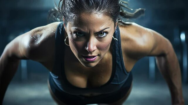 Fit girl performing pushups on exercise machine at the gym