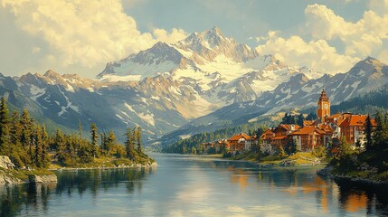 Fototapeta premium Mountain Lake Village Scenic Landscape Painting