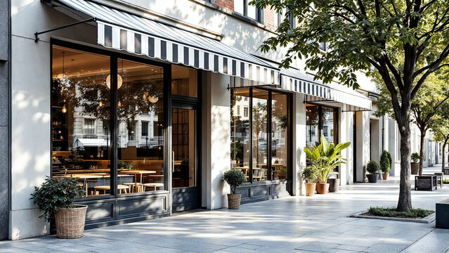 Trendy Coffee Shop with Striped Awning and Inviting Urban Ambiance on a City Street