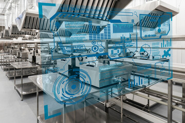 Hologram of the HUD interface against the background of a conveyor belt of a modern food production factory. Concept of automation of food production