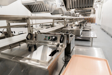 Food industry. Empty clean conveyor belt in a modern food factory. Food production concept