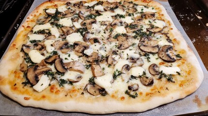 Gourmet mushroom pizza with melted brie cheese, fresh thyme, and garlic, served on a rustic plate....