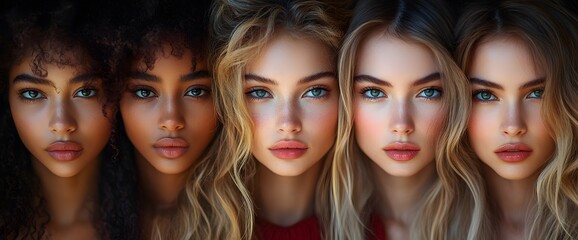 Obraz premium A diverse group of beautiful women with natural beauty and glowing smooth skin. Portrait of many attractive female fashion models with great skincare of all races, tones and style,