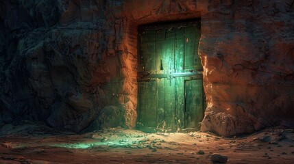 a high-resolution photograph of an ancient wooden door in the desert slightly ajar with a bright cyan light shining through
