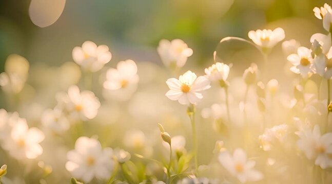 Beautiful white flowers with delicate petals, softly glowing in the sunlight