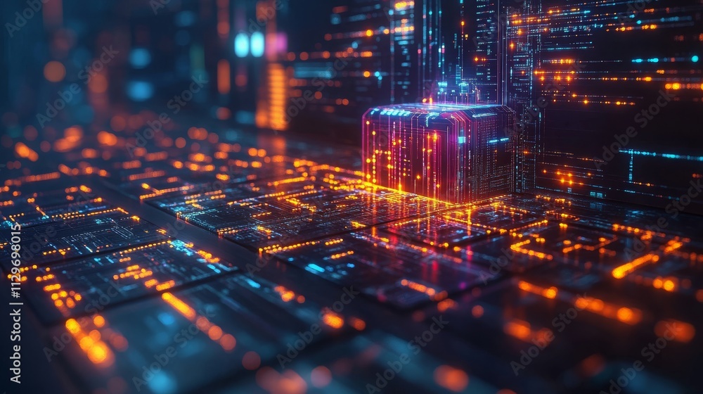 Poster digital banking technology illustrated through visualized data streams and circuits at night