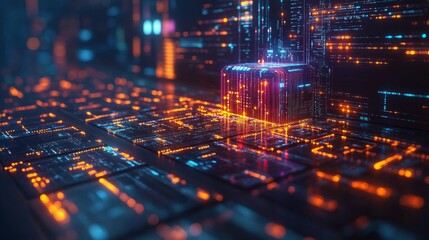 Fototapeta premium Digital banking technology illustrated through visualized data streams and circuits at night