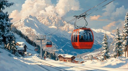 Obraz premium Mountain Village Cable Car Winter Scene