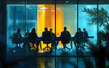 Transparent boardroom discussion with executives analyzing strategies behind closed doors, AI Generated