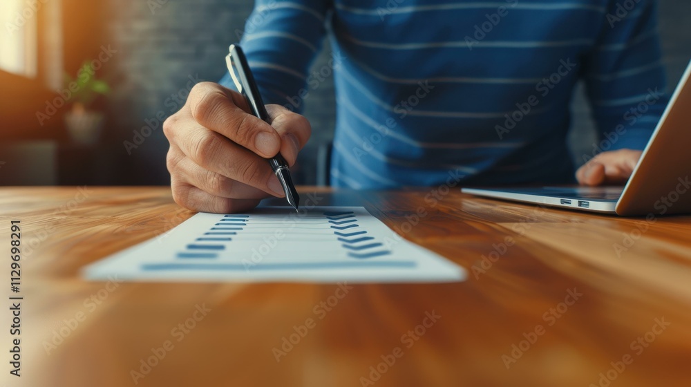 Poster a businessman efficiently checks off tasks on his laptop, ensuring a productive workflow with a clea