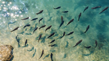 Aerial View of a Shoal of Fish Swimming in Crystal Clear Water
