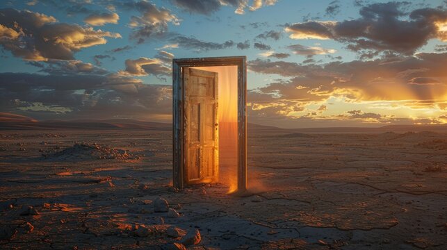 a realistic high-definition photograph of a rustic wooden door standing alone in a vast desert slightly ajar with a bright green light streaming out
