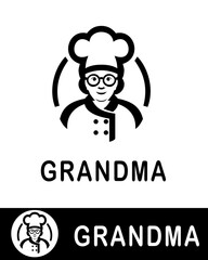 Charming grandma chef logo design featuring a smiling elderly woman wearing glasses and a chef hat, ideal for bakeries, homemade food businesses, or culinary branding concepts with a classic touch